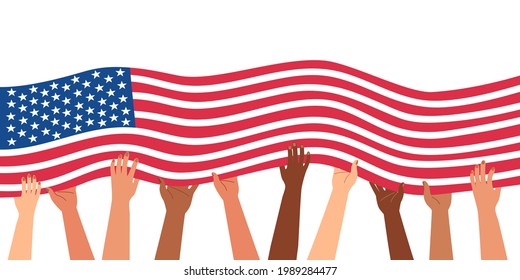 Diverse hands are holding the flag of the united states of america. 4th of july independence day concept. November 9 Patriot Day. Horizontal banner template. Isolated on white vector illustration.