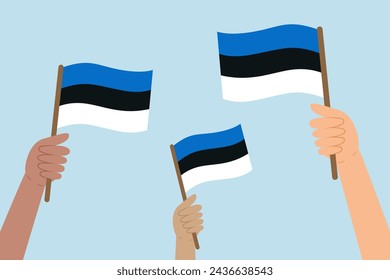 Diverse hands holding flags of Estonia. Vector illustration of Estonian flags in flat style on blue background.