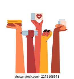 Manos diversas sujetando comida, ropa, suministros médicos. Concepto de ayuda humanitaria. Caridad, ayuda a los refugiados, apoyo internacional, trabajo de voluntarios. Ilustración vectorial plana aislada en blanco