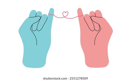 Diverse hands holding heart string with pinky fingers, concept of love and friendship. Hand drawn isolated vector illustration