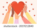 Diverse hands holding heart symbol, sharing love, helping others, charity and donation supported by global community. Flat abstract metaphor cartoon vector concept design isolated on white background.