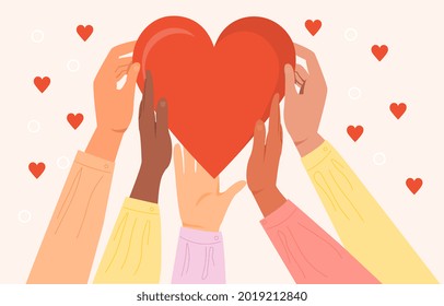 Diverse Hands Holding Heart Symbol, Sharing Love, Helping Others, Charity And Donation Supported By Global Community. Flat Abstract Metaphor Cartoon Vector Concept Design Isolated On White Background.