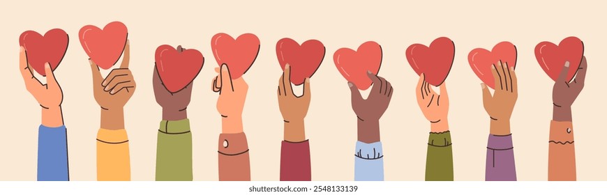 Diverse hands holding hearts. Vector multicultural volunteers with paper love symbols. Donation out of charity and solidarity, supported by global community. Social assistance of ordinary people