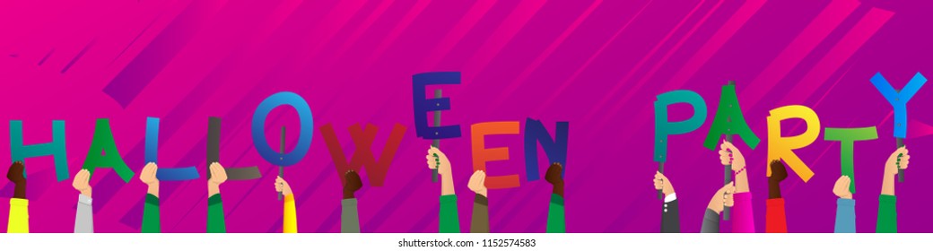 Diverse hands holding letters of the alphabet created the words Halloween Party. Vector illustration.