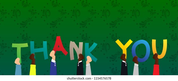 Diverse hands holding letters of the alphabet created the word Thank You. Vector illustration.