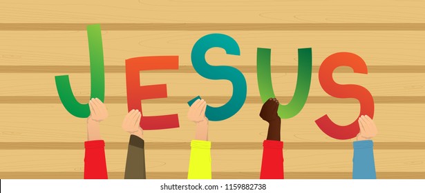 Diverse hands holding letters of the alphabet created the word Jesus. Vector illustration.