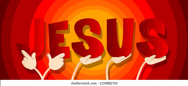 Diverse hands holding letters of the alphabet created the word Jesus. Vector illustration.