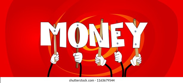 Diverse Hands Holding Letters Of The Alphabet Created The Word Money. Vector Illustration.