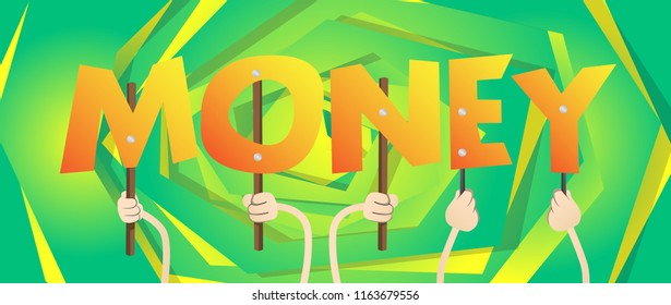 Diverse Hands Holding Letters Of The Alphabet Created The Word Money. Vector Illustration.