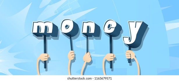 Diverse Hands Holding Letters Of The Alphabet Created The Word Money. Vector Illustration.