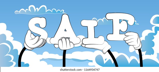Diverse hands holding letters of the alphabet created the word Sale. Vector illustration.