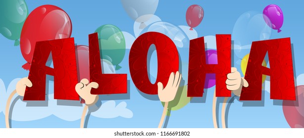 Diverse hands holding letters of the alphabet created the word Aloha (Hello in Hawaii). Vector illustration.