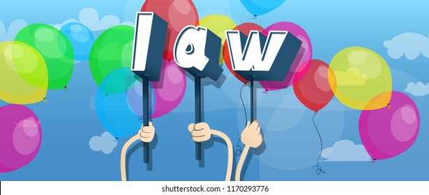 Diverse hands holding letters of the alphabet created the word Law. Vector illustration.