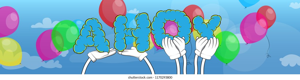 Diverse hands holding letters of the alphabet created the word Ahoy (in english can be used as a greeting, a warning, or a farewell). Vector illustration.