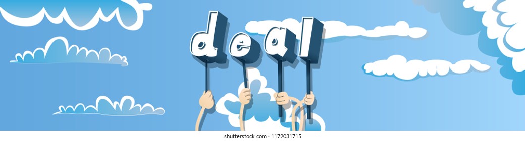 Diverse hands holding letters of the alphabet created the word Deal. Vector illustration.