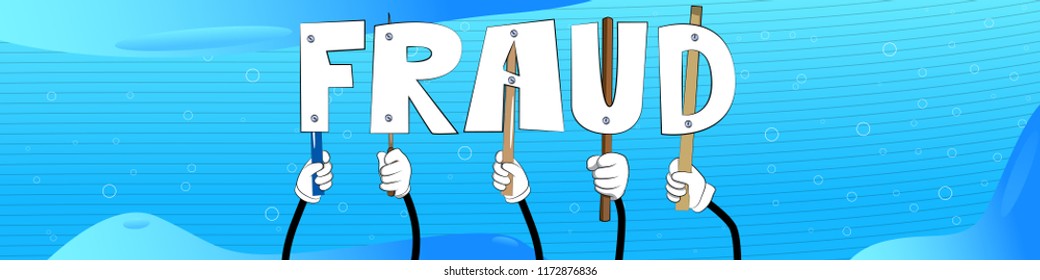 Diverse hands holding letters of the alphabet created the word Fraud. Vector illustration.