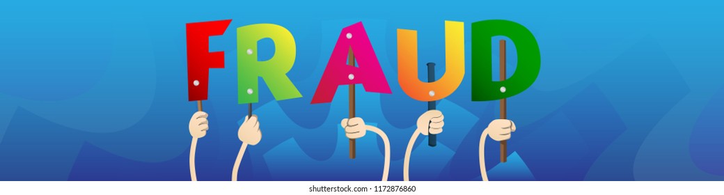 Diverse hands holding letters of the alphabet created the word Fraud. Vector illustration.