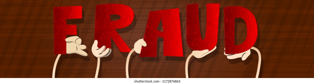 Diverse hands holding letters of the alphabet created the word Fraud. Vector illustration.