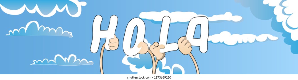 Diverse hands holding letters of the alphabet created the word Hola (hello in Spanish). Vector illustration.