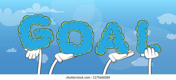 Diverse hands holding letters of the alphabet created the word Goal. Vector illustration.