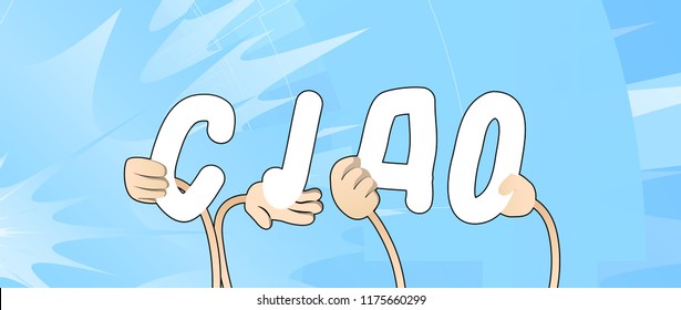 Diverse hands holding letters of the alphabet created the word Ciao (hello and bye in Italian). Vector illustration.