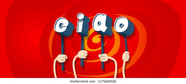 Diverse hands holding letters of the alphabet created the word Ciao (hello and bye in Italian). Vector illustration.