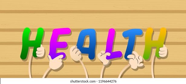 Diverse hands holding letters of the alphabet created the word Health. Vector illustration.