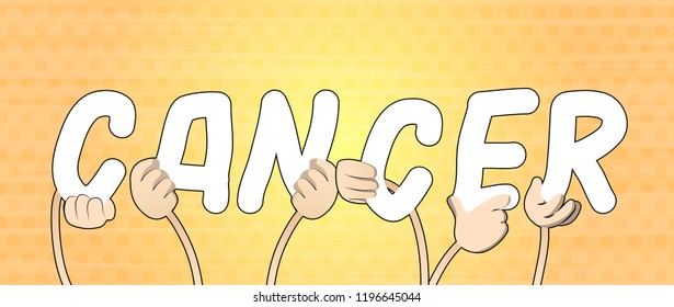Diverse hands holding letters of the alphabet created the word Cancer. Vector illustration.