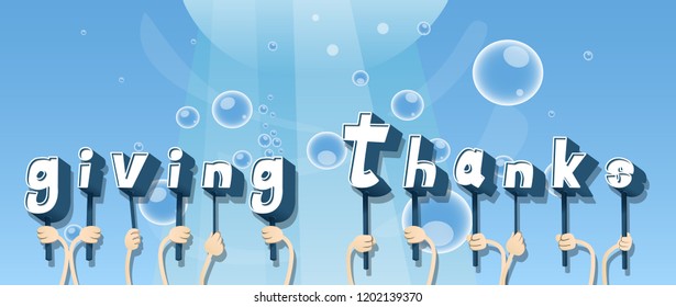 Diverse hands holding letters of the alphabet created the word Giving Thanks. Vector illustration.
