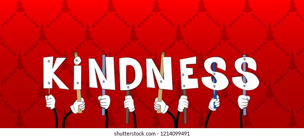 Diverse hands holding letters of the alphabet created the word Kindness. Vector illustration.