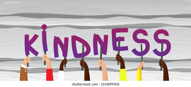 Diverse hands holding letters of the alphabet created the word Kindness. Vector illustration.
