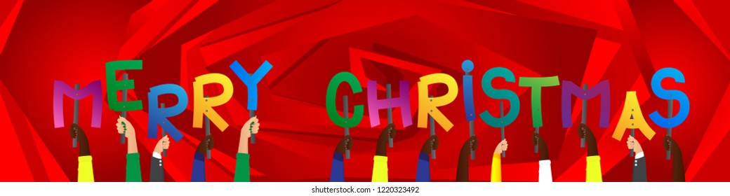 Diverse hands holding letters of the alphabet created the word Merry Christmas. Vector illustration.
