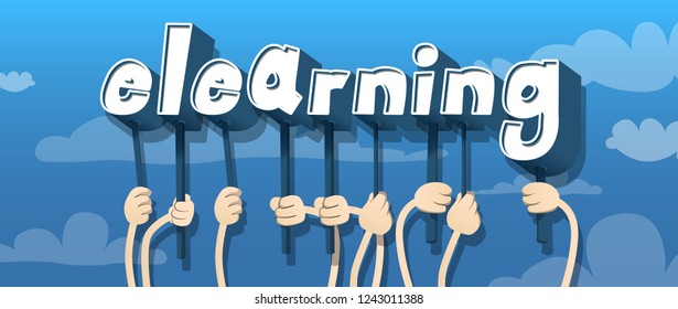 Diverse hands holding letters of the alphabet created the word Elearning. Vector illustration.