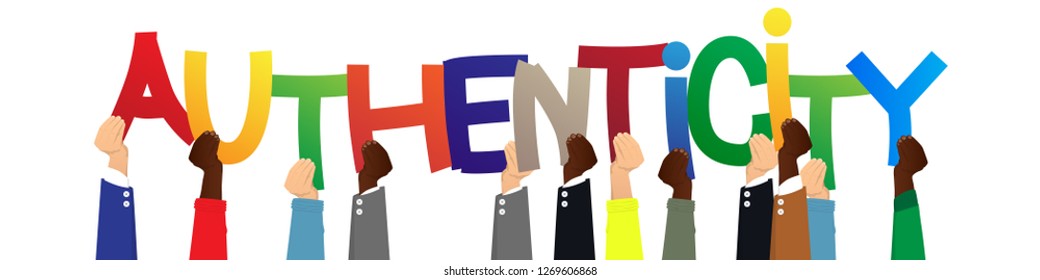 Diverse hands holding letters of the alphabet created the word Authenticity. Vector illustration.