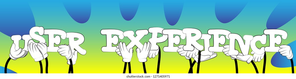 Diverse hands holding letters of the alphabet created the words User Experience. Vector illustration.