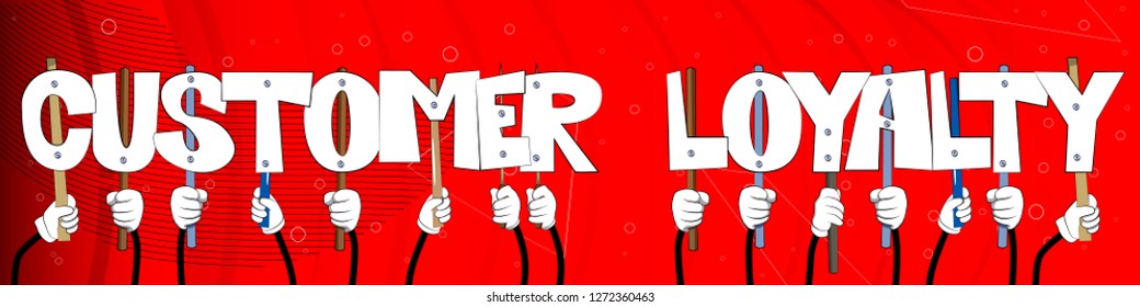 Diverse hands holding letters of the alphabet created the words Customer Loyalty. Vector illustration.