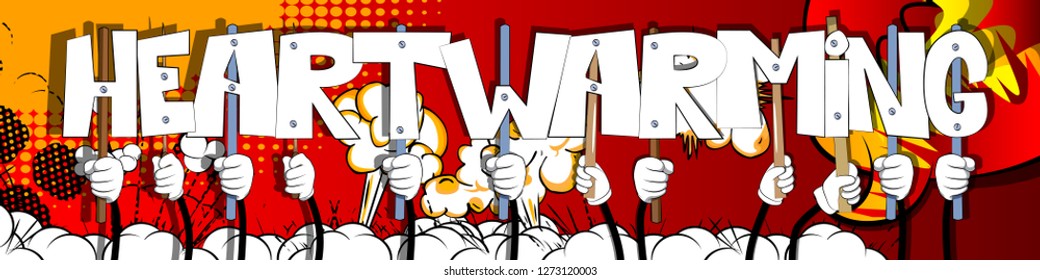 Diverse hands holding letters of the alphabet created the word Heartwarming. Vector illustration.