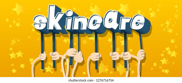 Diverse hands holding letters of the alphabet created the word Skincare. Vector illustration.