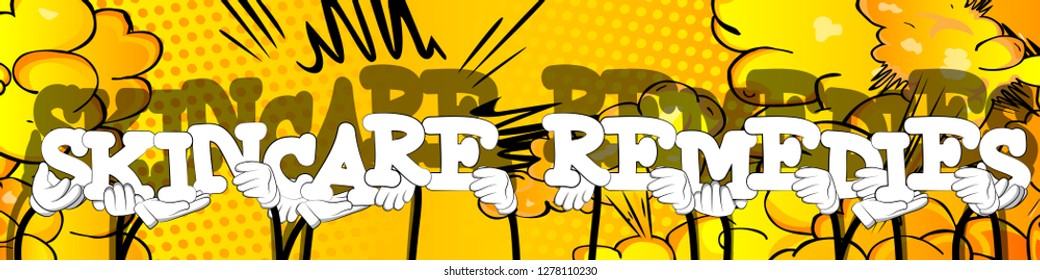 Diverse hands holding letters of the alphabet created the words Skincare Remedies. Vector illustration.