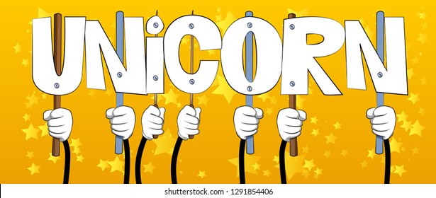Diverse hands holding letters of the alphabet created the word Unicorn. Vector illustration.