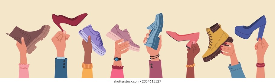 Diverse hands holding modern shoes different models and colors. Hand drawn vector vector illustration isolated on light background, flat cartoon style.