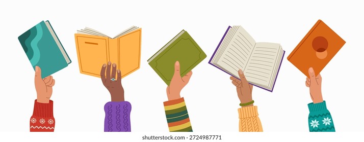 Manos diversas sosteniendo libros abiertos y cerrados. Concepto de lectura, aprendizaje y conocimiento compartido. Ilustración vectorial dibujada a mano aislada en el fondo blanco, estilo plano de la historieta.