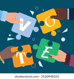 Diverse hands holding puzzle pieces forming the word Vote, symbolising unity in elections