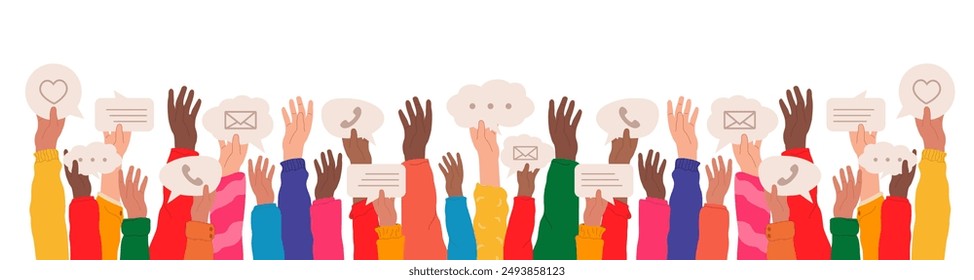Diverse hands holding speech bubbles of online communication, networking, social media, web community. Digital communication concept