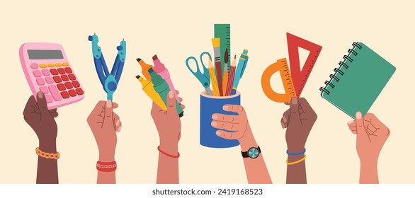 Diverse hands holding stationery or school supplies. Notebook, calculator, pens, rulers, felt pens, scissors. Hand drawn vector illustration isolated on light background, flat cartoon style.