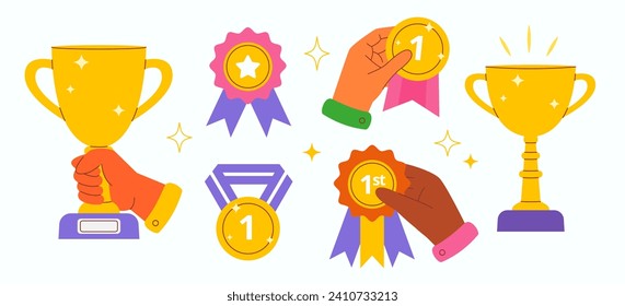 Diverse hands holding Winner golden cups, medals, badges. Prize First Place awards. Symbol success, championship, triumph, best champion. Vector illustration in modern flat style