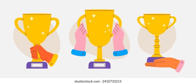 Diverse hands holding Winner golden cups. Prize place trophy. Symbol success, championship, triumph, best champion. Vector illustration in modern flat style