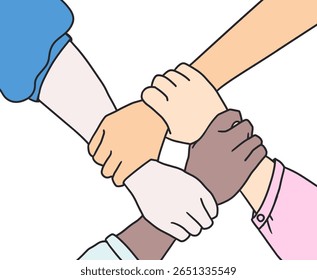 Diverse Hands Holding Wrists Teamwork Vector. Symbolizing teamwork, unity, inclusion, partnership, and diversity. Perfect for themes about cooperation, community, and human connection.