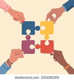 Diverse hands holds a pieces of puzzle. Business solution concept. Teamwork, cooperation, partnership. Hand drawn colored vector illustration isolated on light background. Modern flat cartoon style.