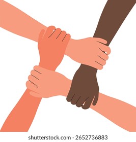 Mãos diversificadas entrelaçando, conceito de trabalho em equipe ilustração vetorial.